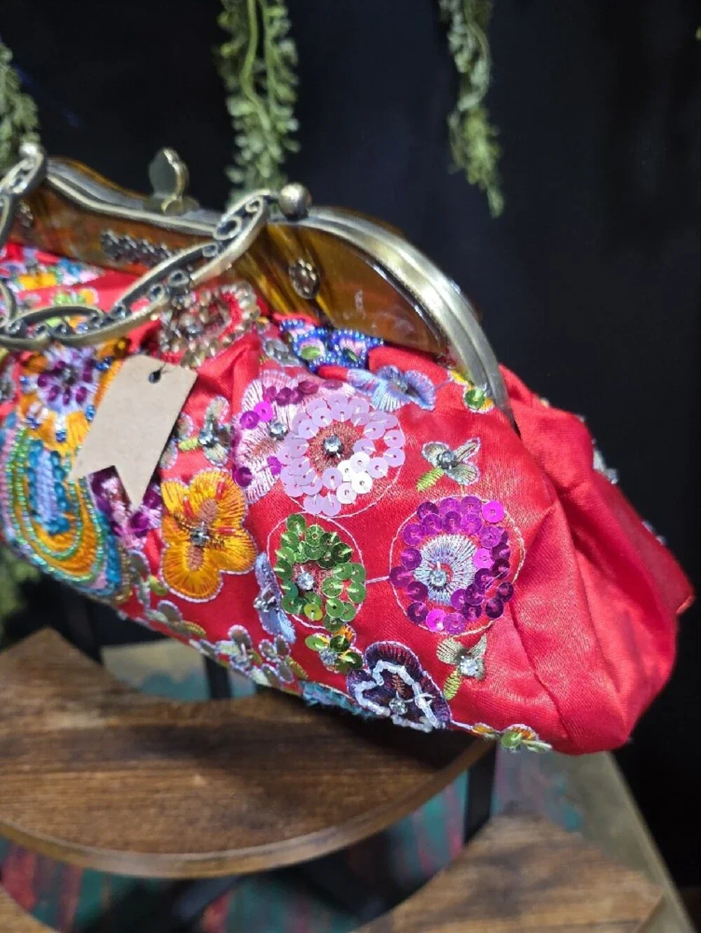 Embroidered Red Satin Floral Kiss-Lock Clutch